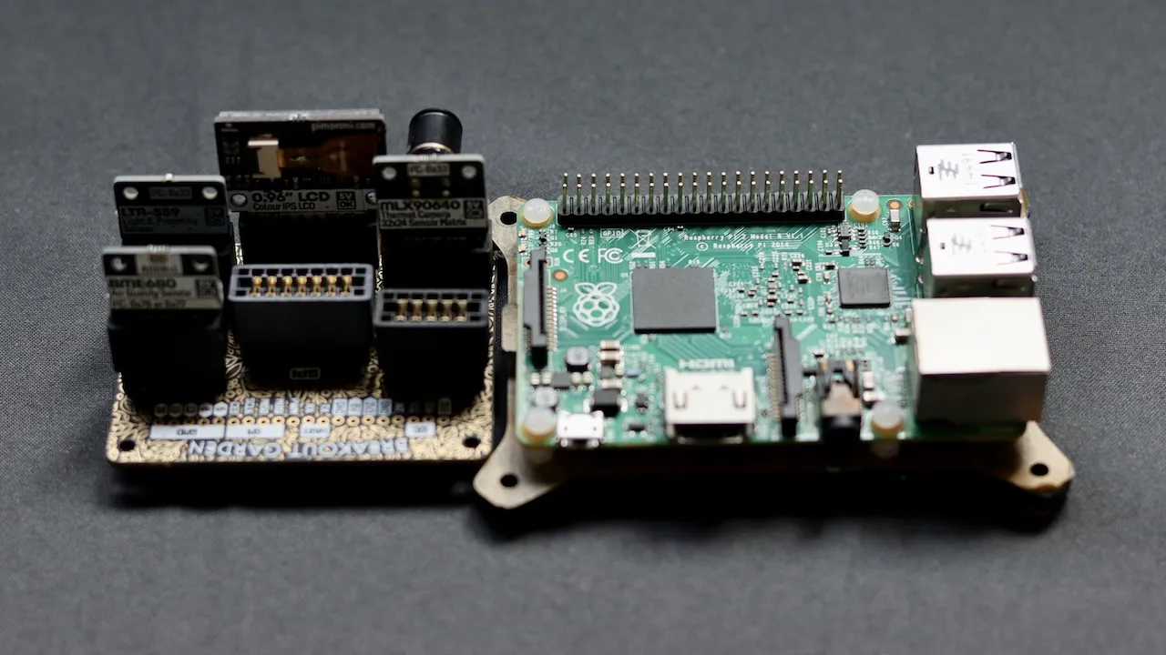 A photograph of a Pimoroni breakout garden HAT on the left and a Raspberry Pi 2 Model B (rev 1.1) on the right