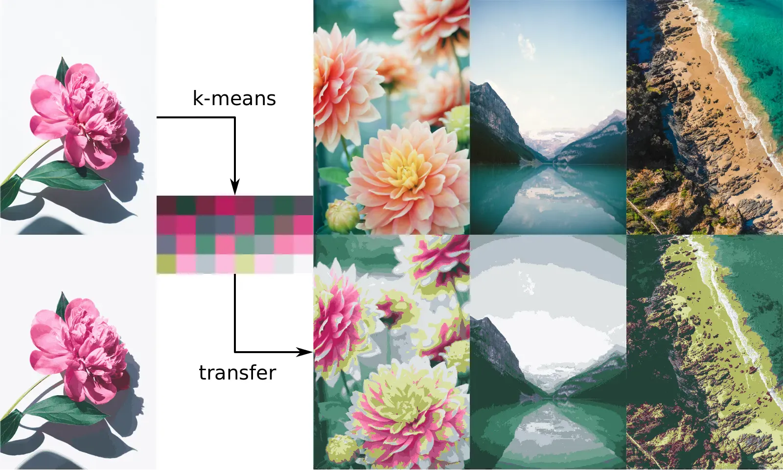 Transferring the reduced palette of Gozha&rsquo;s flower onto other images. From left to right, original image by MIO ITO, Daniel Roe, and Carles Rabada on Unsplash