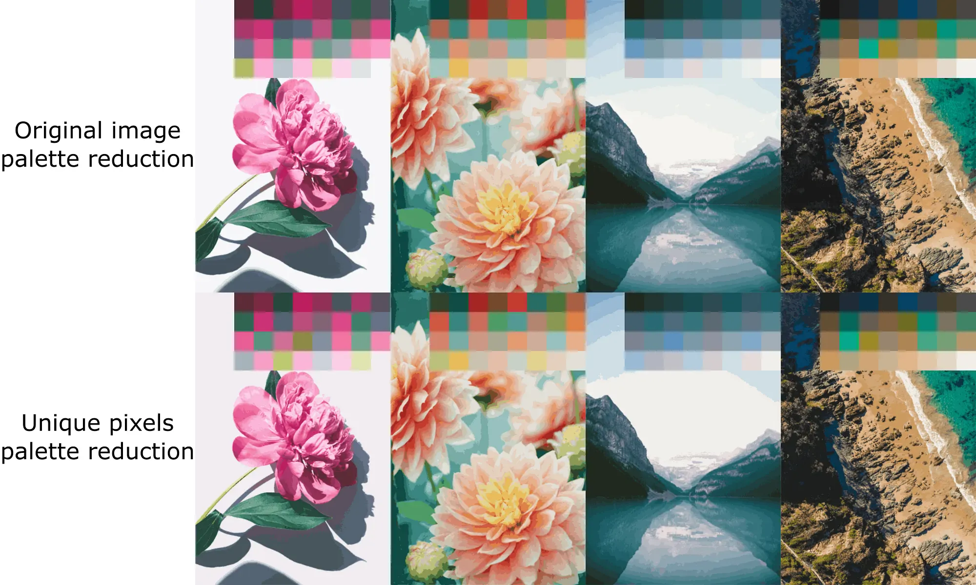 Comparison of whole image palette reduction and unique pixels palette reduction on different images